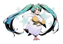 1girl :o arms_up artist_name bikini bikini_top_only bird black_feathers blue_eyes blue_hair bottomless breasts claws cleavage commentary dot_nose double-parted_bangs english_commentary eyebrows_hidden_by_hair feathers flippers floating_hair floating_headgear front-tie_bikini_top front-tie_top full_body grin hair_between_eyes hair_ornament hatsune_miku head_tilt headgear headset highres human_head invisible_floor large_breasts leaning_to_the_side leg_up light_blush long_eyelashes long_hair looking_at_viewer microphone open_mouth penguin pikat sidelocks smile solo sparkling_eyes standing standing_on_one_leg star_(symbol) star_symbol_background straight-on striped_bikini striped_clothes swimsuit talons teeth thick_eyelashes twintails two-tone_feathers upper_teeth_only vertical-striped_bikini vertical-striped_clothes very_long_hair vocaloid what white_background white_feathers wide-eyed yellow_bikini
