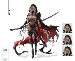 Rule 34 | 1girl, absurdres, apt, armor, armored boots, armpit crease, belt, black cloak, black gloves, boots, breasts, cleavage, cloak, closed mouth, color guide, full body, gauntlets, gloves, grey hair, hair censor, hair over breasts, highres, holding, holding sword, holding weapon, hood, hood up, large breasts, long hair, looking at viewer, mole, mole under mouth, multiple expressions, multiple views, navel, original, pauldrons, pelvic curtain, red cloak, red eyes, reference sheet, shadow, shoulder armor, simple background, smile, solo, standing, sword, thigh boots, thighs, torn cloak, torn clothes, torn pelvic curtain, two-tone cloak, underwear, vambraces, very long hair, weapon, white background