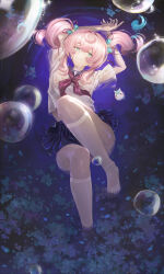 1girl absurdres afloat aqua_eyes aqua_hair blue_sailor_collar blue_skirt bubble commentary_request highres honkai:_star_rail honkai_(series) hyacine_(honkai:_star_rail) little_ica_(honkai:_star_rail) lordry medium_hair multicolored_hair neckerchief no_shoes pink_hair red_neckerchief sailor_collar school_uniform serafuku shirt skirt solo thighhighs toes twintails two-tone_hair wet wet_clothes wet_shirt white_serafuku white_thighhighs