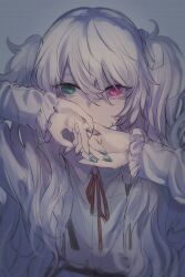 Rule 34 | 1girl, 25-ji miku, absurdres, aqua nails, collared shirt, commentary request, covered mouth, film grain, frilled sleeves, frills, green eyes, grey background, hair between eyes, hair over shoulder, hands up, hatsune miku, highres, long hair, long sleeves, looking at viewer, nail polish, neck ribbon, pink eyes, project sekai, red ribbon, ribbon, sa tsuko, shirt, simple background, solo, straight-on, twintails, upper body, upturned eyes, vignetting, vocaloid, wavy hair, white hair, white shirt