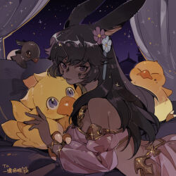 1girl animal_ears black_hair borrowed_character chocobo commentary commission creature crop_top curtains dark-skinned_female dark_skin english_commentary final_fantasy final_fantasy_xiv flower hair_flower hair_ornament long_hair looking_at_viewer luminous_slime lying midriff on_stomach original pillow purple_eyes purple_flower purple_shirt rabbit_ears rabbit_girl shirt solo viera warrior_of_light_(ff14) white_flower