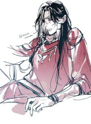 1boy black_hair bracer braid butterfly_necklace chinese_clothes closed_mouth eyepatch hanfu highres hua_cheng jewelry long_hair long_sleeves looking_to_the_side male_focus moirae necklace one_eye_covered red_eyes red_hanfu side_braid simple_background single_braid sitting sketch smile solo tianguan_cifu twitter_username upper_body white_background yuanlingpao