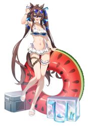 1girl absurdres animal_ears bare_shoulders bikini blue_bikini blue_eyes breasts brown_hair cleavage eyewear_on_head frilled_bikini frills hair_between_eyes heart heart-shaped_eyewear highres holding holding_swim_ring horse_ears horse_girl horse_tail innertube long_hair looking_at_viewer multicolored_bikini navel purple-tinted_eyewear rang_c sandals sidelocks solo stomach sunglasses swim_ring swimsuit tail thigh_strap tinted_eyewear umamusume vivlos_(umamusume) w white_bikini white_sandals