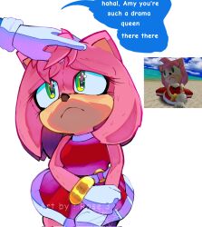 :c amy_rose bad_tag bent_over blue_fur blue_hair bracelet comforting dress eyelashes gloves green_eyes heart heart-shaped_pupils jewelry looking_up medium_hair paramount_pictures petite pink_fur pink_hair pov red_dress rose_9172 sad sonic_(live_action) sonic_(series) sonic_adventure sonic_the_hedgehog sonic_the_hedgehog_3_(movie) symbol-shaped_pupils tears video_game_screencap