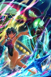Rule 34 | 1girl, aogiri shinobu, aura, black hair, braid, breasts, card, cleavage, dark-skinned female, dark skin, dragon, dragon musume ni naritakunai!, duel masters, full body, goggles, goggles around neck, hair ornament, hanamuzimuzi, highres, holding, holding card, large breasts, multicolored hair, multicolored swimsuit, one-piece swimsuit, open mouth, outstretched arm, pink hair, pointing, pointing up, purple eyes, shuriken, solo, sparkle, splashing, standing, standing on one leg, swim ring, swimsuit, weapon