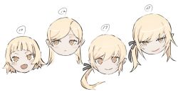 1girl blonde_hair hair_ribbon highres kiss-shot_acerola-orion_heart-under-blade kizumonogatari looking_at_viewer monogatari_(series) oshino_shinobu pointy_ears ribbon simple_background solo taki_(a313131333) vampire white_background yellow_eyes