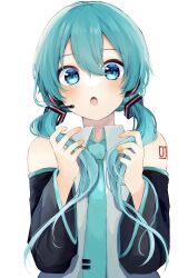 1girl :o absurdres alternate_hairstyle aqua_hair aqua_necktie black_sleeves blue_eyes blush collared_shirt commentary_request detached_sleeves grey_shirt hair_between_eyes hatsune_miku highres long_hair long_sleeves looking_at_viewer low_twintails mochita_mogu necktie number_tattoo shirt shoulder_tattoo simple_background sleeveless sleeveless_shirt solo tattoo tie_clip tongue twintails vocaloid white_background