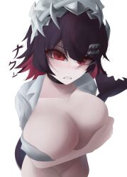 1girl 2020s 2024 absurdres black_hair blush bottomless breasts cleavage cleavage_overflow colored_inner_hair covering_breasts covering_privates curvy ellen_joe fins fish_tail freckles highres huge_breasts large_breasts looking_at_viewer looking_forward maid maid_headdress mihoyo multicolored_hair naxless no_bra open_clothes open_shirt red_eyes shark shark_girl shark_tail short_hair simple_background solo solo_focus standing tail translation_request white_background zenless_zone_zero