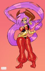 1girl ass blue_eyes bra breasts butt_crack cowboy_hat cowgirl_(western) crop_top cropped_jacket dark-skinned_female dark_skin hat highres jamoart large_breasts long_hair looking_at_viewer looking_back pants purple_hair see-through_clothes see-through_pants shantae shantae_(series) sleeveless sleeveless_jacket underwear very_long_hair