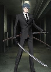 Rule 34 | 1boy, aqua hair, arm at side, bags under eyes, black gloves, black jacket, black necktie, black pants, black suit, brown eyes, buttons, closed mouth, collared shirt, dress pants, dress shirt, dual wielding, fate/grand order, fate (series), feet out of frame, formal clothes, game cg, gloves, holding, holding sword, holding weapon, ikezawa shin, jacket, katana, legs apart, long sleeves, looking at viewer, male focus, necktie, official art, pants, saitou hajime (fate), sheath, shirt, short hair, smile, solo, standing, suit, suit jacket, sword, third-party source, unsheathed, unsheathing, variant set, weapon, white shirt, wing collar