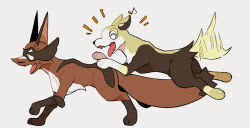 afterimage boltund closed_eyes commentary_request fang from_side fuku_45 gen_8_pokemon motion_blur musical_note nintendo no_humans open_mouth pokemon pokemon_(creature) sweat thievul tongue tongue_out white_background