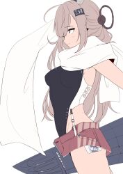 Rule 34 | 1girl, black one-piece swimsuit, breasts, cowboy shot, denim, denim skirt, garter straps, grey hair, headgear, highleg, highleg one-piece swimsuit, highres, kantai collection, long hair, machinery, medium breasts, one-piece swimsuit, scarf, simple background, skirt, solo, swimsuit, tirasi (so), wahoo (kancolle), white background, white scarf