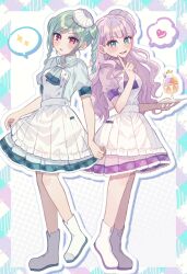 2girls :d :o alternate_costume apron apron_hold aqua_hair blue_border blunt_bangs boots border braid braided_twintails breasts commentary dress enmaided food foot_up frilled_apron frills fruit full_body green_eyes halftone halftone_background hat heart highres holding holding_tray ice_cream_scoop_(utensil) index_finger_raised long_hair love_live! love_live!_superstar!! maid medium_breasts medium_dress medium_hair mini_hat multicolored_border multiple_girls onitsuka_tomari open_mouth orange_(fruit) orange_slice outline outside_border parfait pocky puffy_short_sleeves puffy_sleeves purple_border purple_hair red_eyes shimada_(smd_dms) short_sleeves side_braids sidelocks smile speech_bubble spoken_heart spoken_sparkle tray very_long_hair waist_apron wavy_hair white_apron white_background white_border white_footwear white_hat white_outline wien_margarete
