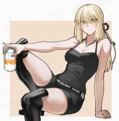 Rule 34 | 1girl, absurdres, bare shoulders, belt, black boots, blonde hair, boots, border, breasts, collarbone, fate/grand order, fate (series), female focus, highres, jeans shorts, jewelry, kamisato sora, knee boots, looking at viewer, necklace, ponytail, saber alter, saber alter (ver. shinjuku 1999), simple background, sitting, small breasts, tank top, white border, yellow eyes