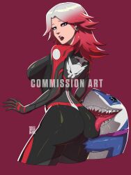 Rule 34 | 1boy, absurdres, ass, black bodysuit, blue eyes, bodysuit, breasts, commission, english text, gradient hair, grey hair, highres, jeff (marvel), jigger taladtad (artist), large breasts, licking ass, looking at viewer, looking back, marvel, marvel rivals, multicolored hair, official alternate costume, open mouth, red background, red hair, sharp teeth, sue storm, sue storm (blood shield), teeth, tongue, tongue out, two-tone hair, watermark