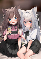 2girls :o animal_ear_fluff animal_ears between_legs black_bow black_choker black_ribbon black_skirt blue_eyes blurry blurry_background blush bow brown_hair buttons can cat_ears cat_girl center_frills choker commentary_request cup denim denim_shorts double-breasted eyes_visible_through_hair feet_out_of_frame flying_sweatdrops frilled_shirt frilled_skirt frills furrowed_brow haiba_09 hair_between_eyes hair_bow hair_intakes half_updo hand_between_legs hand_up high-waist_skirt holding holding_can holding_cup indoors jirai_kei long_hair multiple_girls neck_ribbon on_bed open_mouth original pink_shirt ponytail puffy_short_sleeves puffy_sleeves ribbon shirt short_sleeves shorts sidelocks sitting skirt straight_hair sweatdrop two_side_up white_hair white_shirt