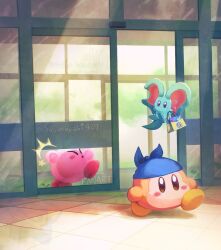 against_glass bag bandana blue_bandana blue_eyes blush brown_eyes colored_skin door elfilin flying_sweatdrops glass_door highres holding holding_bag kirby kirby_(series) nintendo no_humans pink_skin suyasuyabi tile_floor tiles twitter_username waddle_dee walking