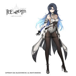 1girl anklet bare_shoulders beatrice_(rememento) black_gloves black_hair black_hairband black_pantyhose blue_eyes blue_hair breasts cleavage closed_mouth copyright_name copyright_notice detached_sleeves earrings full_body gloves gradient_hair grey_shoes hairband high_heels highres jewelry legs_apart leotard logo long_hair looking_at_viewer medium_breasts multicolored_hair official_art pantyhose rememento:_white_shadow see-through_cleavage see-through_clothes shoes showgirl_skirt solo standing tachi-e thighband_pantyhose white_background white_leotard white_sleeves
