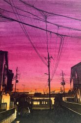absurdres building car city crosshatching gradient_sky hatching_(texture) highres house ibsukionsen lamppost motor_vehicle no_humans orange_sky original outdoors power_lines purple_sky scenery sky sunset town traditional_media traffic_light utility_pole