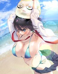 1girl bikini black_hair black_skirt blue_bikini blue_eyes blue_sky breasts commentary_request creature_on_head highres karasuma_yayoi large_breasts long_sleeves looking_at_viewer lower_teeth_only neck_ribbon ocean open_clothes open_mouth open_shirt original pleated_skirt red_ribbon ribbon school_uniform shirt short_hair side-tie_bikini_bottom skirt sky smile solo swimsuit teeth undone_neck_ribbon white_shirt