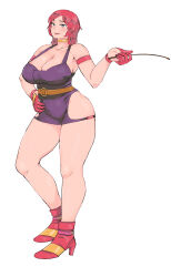 1girl 2017 absurdres armlet artist_name bare_legs bare_shoulders belt belt_buckle blue_eyes bob_cut boots bracelet breasts buckle choker cleavage commentary commission contrapposto denjin_makai_2 dress english_commentary female_focus full_body gloves gold_choker gold_trim groin_tendon guardians_(denjin_makai_2) half_gloves hand_on_own_hip head_tilt high_heel_boots high_heels highres holding holding_weapon holding_whip jewelry light_blush mature_female open_mouth parted_bangs pink_belt pink_boots pink_gloves purple_dress purple_eyes purple_hair revealing_clothes sexybeam short_hair side_slit signature simple_background smile solo taut_clothes weapon white_background
