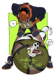 ! !! 1boy absurdres bent_over black_footwear black_hair black_hoodie border character_name commentary_request dark-skinned_male dark_skin gen_8_pokemon green_background headband heart highres hood hoodie knees legs_apart male_focus nintendo orange_headband pokemon pokemon_(creature) pokemon_swsh raihan_(pokemon) sandaconda shoes short_hair shorts side_slit side_slit_shorts smile spoken_heart standing t1ger_spuma teeth white_border