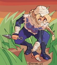 1girl bandages blonde_hair dairenke grass highres kunai ninja ninja_outfit nintendo sheik signature the_legend_of_zelda the_legend_of_zelda:_ocarina_of_time weapon