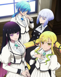 4girls absurdres blonde_hair blue_eyes blue_hair colored_inner_hair dress female_focus green_brooch highres isemi_tina jewelry kurogane_otoha looking_at_viewer matching_hair/eyes multicolored_hair multiple_girls official_art purple_eyes purple_hair rock_wa_lady_no_tashinami_deshite school_uniform shiraya_tamaki suzunomiya_lilisa yellow_eyes