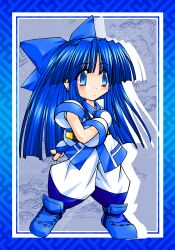 1girl ainu_clothes blue_eyes blue_hair fingerless_gloves gloves hands_on_own_chest highres legs long_hair nakoruru pants parted_lips samurai_spirits snk solo the_king_of_fighters thighs very_long_hair weapon