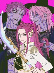 Rule 34 | 1girl, 2boys, abby (kpop demon hunters), abs, angry, black choker, body markings, breasts, brown eyes, choker, closed mouth, collarbone, collared jacket, colored skin, covered collarbone, crop top, cropped jacket, curly hair, demon boy, earpiece, earrings, fangs, from side, gradient skin, group sex, gugusam0, hair slicked back, hand in another&#039;s hair, hand up, hat, head tilt, hetero, high collar, highres, holding, holding polearm, holding weapon, jacket, jewelry, korean commentary, kpop demon hunters, light frown, long hair, long sleeves, looking at viewer, looking to the side, medium breasts, mira (kpop demon hunters), mmf threesome, multicolored eyes, multiple boys, muscular, muscular male, official alternate costume, official alternate skin color, open clothes, open jacket, open mouth, parted bangs, pink hair, pink lips, polearm, purple background, purple hair, purple skin, red hair, romance (kpop demon hunters), see-through clothes, short hair, standing, stomach, teeth, threesome, twintails, upper body, upper teeth only, wavy hair, weapon