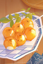 artist_name dango english_text food food_focus fruit huhv. leaf mitarashi_dango no_humans orange_(fruit) original plate shadow sparkle still_life table wagashi