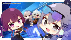 1boy 3girls arlan_(honkai:_star_rail) beret black_choker black_dress black_jacket black_pants black_ribbon black_sleeves chibi choker commentary_request detached_sleeves dog dress eyewear_on_head flower flute formal_clothes goggles grey_eyes grey_hair hair_flower hair_ornament hair_over_one_eye hair_ribbon hat herta_(honkai:_star_rail) holding holding_instrument honkai:_star_rail honkai_(series) instrument instrument_request jacket kafka_(honkai:_star_rail) long_sleeves multiple_girls muuran official_art pants peppy_(honkai:_star_rail) purple_eyes purple_flower purple_hair purple_rose ribbon rose silver_wolf_(honkai:_star_rail) simple_background standing strapless strapless_dress suit twintails violin wide_sleeves
