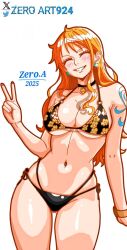 Rule 34 | 1girl, 2025, artist name, bikini, black bikini, breasts, cleavage, closed eyes, collarbone, cosplay, curvy, dated, earrings, floral print, grin, highleg, highleg bikini, jewelry, kitagawa marin, kitagawa marin (cosplay), large breasts, long hair, nami (one piece), navel, one piece, orange hair, shiny skin, shoulder tattoo, side-tie bikini bottom, smile, solo, sono bisque doll wa koi wo suru, standing, swimsuit, tattoo, thong, thong bikini, underboob, v, wide hips, zeroart924