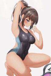 1girl black_hair black_one-piece_swimsuit blush breasts brown_hair competition_school_swimsuit competition_swimsuit hair_ornament hairband highres holding long_hair medium_breasts minato_ojitan one-piece_swimsuit original ponytail school_swimsuit short_hair simple_background solo stopwatch swimsuit tan variant_set watch white_background white_hairband