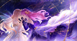 2girls absurdres blonde_hair blunt_bangs braid closed_eyes confeitoo crown dress elbow_gloves elf fairy fairy_wings floating_hair formal_clothes galaxy gloves gold_trim gown hair_ornament highres holding_hands huge_filesize imminent_kiss interlocked_fingers jewelry lace_trim layered_dress long_dress long_hair multiple_girls necklace nikki_(nikki) nikki_(series) noses_touching off-shoulder_dress off_shoulder ophelia_(shining_nikki) pink_hair pointy_ears purple_background purple_dress purple_gloves purple_sky shining_nikki shirt shooting_star sky sleeveless sleeveless_shirt smile space star_(sky) star_(symbol) star_hair_ornament star_ornament starry_background white_dress wings yuri