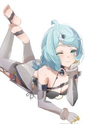 1girl ahoge aqua_eyes aqua_hair blush braid breasts cleavage feet_up gaohuang43450 gloves highres looking_at_viewer lying medium_breasts mole mole_on_shoulder on_stomach one_eye_closed seed_(zenless_zone_zero) side_slit simple_background smile soles solo stirrup_legwear toeless_legwear toes white_background zenless_zone_zero