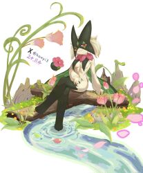 1girl breasts cape dated fang flower furry furry_female grass green_fur green_hair haxyi3 highres log mask meowscarada nintendo pink_eyes pokemon pokemon_(creature) simple_background sitting smile solo twitter_username water white_background