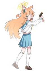 Rule 34 | 1girl, absurdres, animal ear fluff, animal ears, blue archive, blue eyes, blue sailor collar, blue skirt, bow, bowtie, brown shoes, cat ears, cat girl, closed mouth, desert eagle, extra ears, flower, from side, gun, hair between eyes, hair flower, hair ornament, handgun, highres, holding, holding gun, holding weapon, je o mo, kneehighs, long hair, mari (blue archive), one eye closed, orange hair, ponytail, sailor collar, shirt, shoes, short ponytail, sidelocks, skirt, socks, weapon, white flower, white shirt, white socks, yellow bow, yellow bowtie