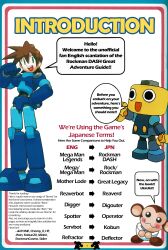 Rule 34 | absurdres, android, armor, armored boots, armored gloves, blue eyes, boots, brown hair, capcom, clamps, color guide, data (mega man), english text, guide, highres, joints, mega man (series), mega man legends (series), mega man volnutt, official art, plate armor, robot, robot joints, servbot (mega man), shoulder armor, simple background, smile, speech bubble, spiked hair, white background