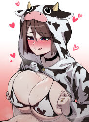 Rule 34 | 1boy, 1girl, 7a (se7ena), :q, absurdres, animal costume, animal print, bikini, black choker, blue eyes, blush, breasts, breasts squeezed together, brown hair, choker, closed mouth, commentary request, cow costume, cow print, cow print bikini, double-parted bangs, fake horns, gold ring, gradient background, hair between eyes, heart, heart-shaped pupils, hetero, highres, hood, hood up, horns, large breasts, licking lips, long sleeves, loving aura, multicolored bikini, original, paizuri, print bikini, red pupils, short hair, smile, solo focus, sweat, swimsuit, symbol-shaped pupils, tongue, tongue out, two-tone bikini, white background, white bikini