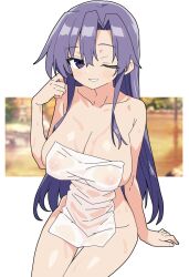 Rule 34 | 1girl, breasts, goshiki agiri, highres, kill me baby, large breasts, long hair, looking at viewer, matuo3232, naked towel, one eye closed, purple eyes, purple hair, smile, solo, thigh gap, towel, very long hair, wet