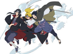 Rule 34 | 3boys, akatsuki uniform, black eyes, black hair, black sandals, bodysuit, brothers, cloak, deidara (naruto), grabbing another&#039;s sleeve, grey jacket, holding, holding sword, holding weapon, jacket, katana, long hair, multiple boys, naruto (classic), naruto (series), naruto shippuuden, pants, ponytail, purple bodysuit, purple pants, red eyes, sandals, siblings, sword, tosyoen, uchiha itachi, uchiha sasuke, weapon, white background