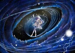 Rule 34 | 1girl, amedama ameme, blonde hair, blue eyes, blue hair, bow (music), colored inner hair, dress, floating hair, galaxy, gradient pantyhose, gudok, hair ornament, highres, holding, holding bow (music), kokoshnik, long hair, looking at viewer, multicolored hair, musical staff, official alternate costume, pantyhose, print pantyhose, reverse:1999, short dress, solo, space, star (sky), star (symbol), star hair ornament, starry sky background, starry sky print, very long hair, voyager (choir of the stars) (reverse:1999), voyager (reverse:1999), white dress, wide shot, zero gravity