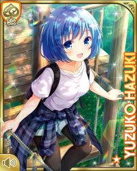 1girl :d backpack bag black_leggings blue_eyes blue_hair blue_jacket card_(medium) character_name closed_mouth clothes_around_waist day denim denim_shorts girlfriend_(kari) hazuki_yuzuko jacket jacket_around_waist leggings leggings_under_shorts official_art open_mouth outdoors plaid_clothes plaid_jacket qp:flapper shirt shoes short_hair shorts smile socks solo standing tagme white_shirt
