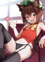 Rule 34 | 1girl, :d, \||/, animal ear fluff, animal ear piercing, animal ears, backlighting, bare arms, bare shoulders, bell, blush, bow, bowtie, breasts, brown eyes, brown hair, cameltoe, cat ears, cat tail, chen, commentary, condom, couch, dot nose, earrings, ebi 193, eyes visible through hair, fang, feet out of frame, frills, garter straps, hair between eyes, hand up, hat, holding, holding condom, indoors, jewelry, jingle bell, knee up, looking at viewer, mob cap, multiple tails, navel, nekomata, on couch, open mouth, reclining, red vest, short hair, single earring, skin fang, small breasts, smile, solo, tail, touhou, two tails, vest, window, yellow bow, yellow bowtie