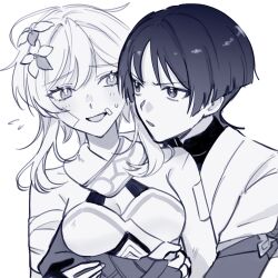 1boy 1girl absurdres arm_around_waist armor bandaged_arm bandages bare_shoulders behind_another blunt_ends bodysuit breasts bridal_gauntlets cleavage collarbone eyelashes fingernails flower flying_sweatdrops gauze gauze_on_arm gauze_on_cheek genshin_impact gloves greyscale hair_flower hair_ornament halterneck hand_on_another&#039;s_arm hetero highres hug hug_from_behind injury japanese_armor japanese_clothes kimono kote layered_sleeves light_blush lumine_(genshin_impact) mandarin_collar medium_breasts middle_ring monochrome nararan_116 open_mouth partially_fingerless_gloves rope scaramouche_(genshin_impact) scarf short_hair short_hair_with_long_locks short_sleeves sidelocks sketch tsurime wanderer_(genshin_impact) white_background wispy_bangs