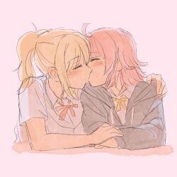 2girls ahoge blonde_hair high_ponytail hood hooded_jacket jacket kishimen_hair kiss long_hair love_live! love_live!_nijigasaki_high_school_idol_club miyashita_ai multiple_girls nijigasaki_school_uniform pink_hair ponytail school_uniform shirt short_hair solllolll tennoji_rina white_shirt yuri