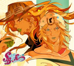 Rule 34 | 2boys, ball, beanie, beard, blonde hair, blue eyes, blue lips, bridal gauntlets, commentary, cowboy hat, cropped torso, english commentary, facial hair, goggles, goggles on headwear, green ball, green eyes, green lips, gyro zeppeli, hat, highres, holding, holding ball, hood, hoodie, horse print, horseshoe, horseshoe hat ornament, johnny joestar, jojo no kimyou na bouken, logo, long hair, looking at viewer, makeup, male focus, medium hair, multiple boys, parted lips, primsheep, star (symbol), star print, steel ball (jojo), steel ball run, white hat, yellow theme
