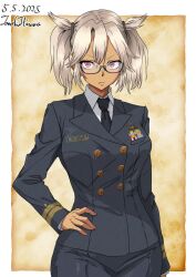 1girl alternate_costume artist_name black_jacket black_necktie black_skirt blonde_hair breasts buttons closed_mouth collared_shirt cowboy_shot dark-skinned_female dark_skin dated double-breasted frown glasses grey-framed_eyewear hair_between_eyes hand_on_own_hip highres hisamatomoki jacket japan_maritime_self-defense_force japan_self-defense_force kantai_collection large_breasts long_sleeves looking_at_viewer military military_dress_uniform military_rank_insignia military_uniform musashi_(kancolle) naval_dress_uniform naval_uniform necktie one-hour_drawing_challenge pointy_hair red_eyes ribbon_bar semi-rimless_eyewear shirt skirt solo twintails two_side_up under-rim_eyewear white_shirt
