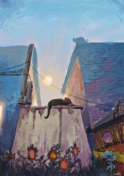 animal blue_sky brick brick_wall building cat day original painting_(medium) plant scenery shadow sky slow_d sun sunlight traditional_media